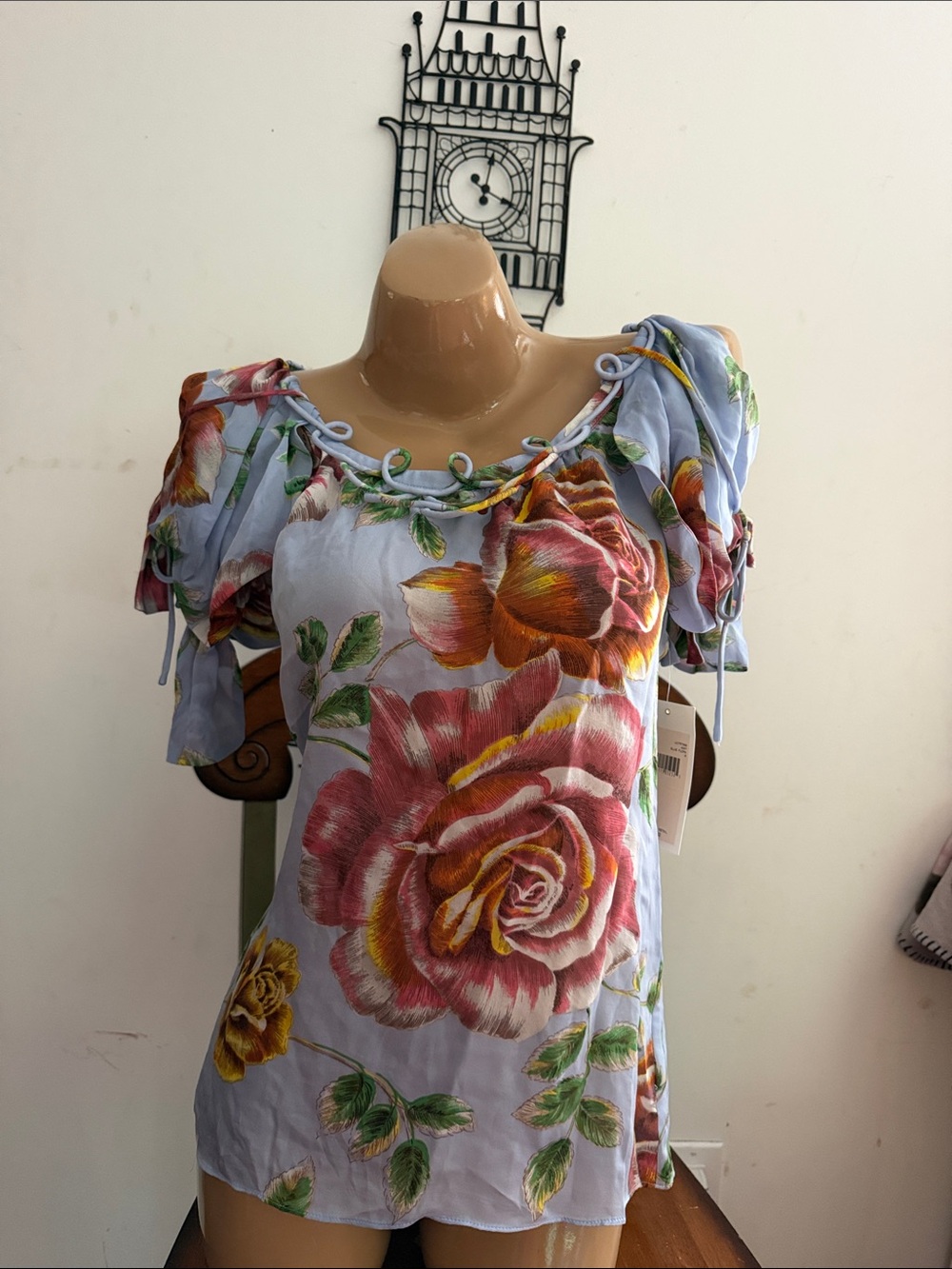 Leifsdottir silk Blue Floral Rose Tie-Shoulder Blouse 8 nwt Anthropologie